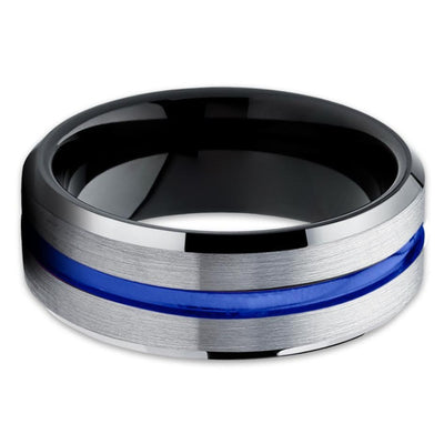 Blue Tungsten Ring - Silver Tungsten Ring - Black Tungsten Band - Brush - Clean Casting Jewelry