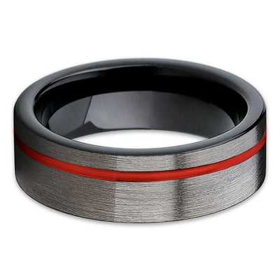 Red Tungsten Ring - 6mm - Gray Tungsten Ring - Red Wedding Band - Brush - Clean Casting Jewelry